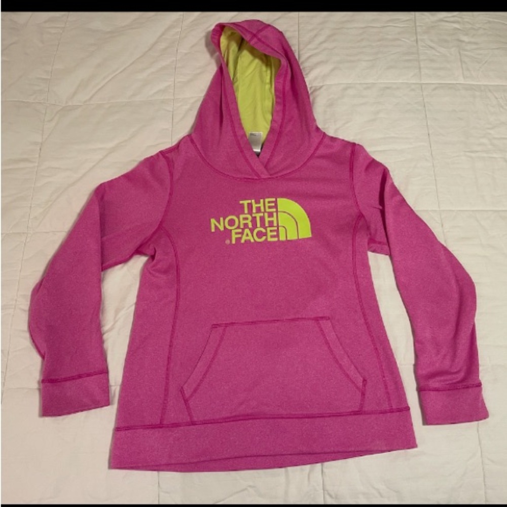 The North Face Fave-Our-It Hoodie Sweatshirt Women Med Bright Hot Pink Green EUC